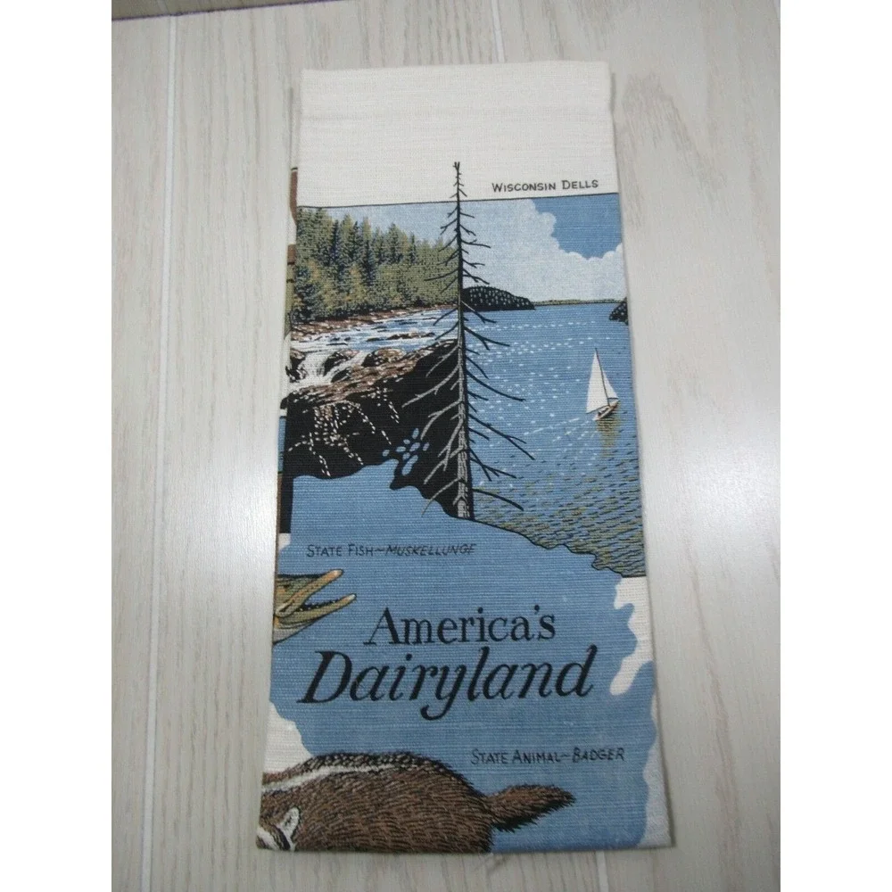 Wisconsin souvenir Linen Canvas Kitchen hand Towel Decor‎ Dairy Cow Cheese Dells